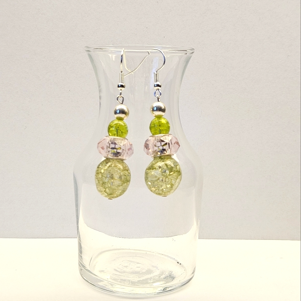 Green and Pink Beaded Earrings